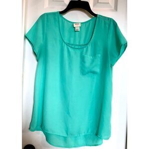 NEON SOUL - EUC - L Sz M Scoop Neck Cap Sleeve Pocket Blouse/Aqua 100% Polyester
